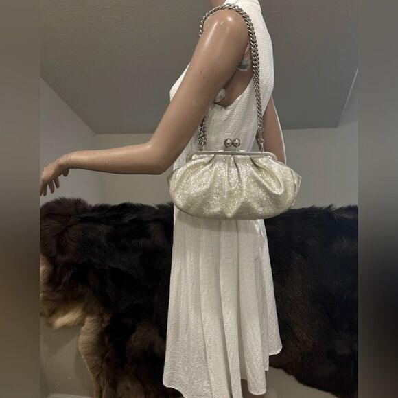 Silver Glitter Sheepskin Handmade Kisslock Slouchy Clutch/Wristlet/Crossbody - Picture 5 of 17